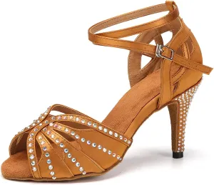 YKXLM Women Rhinestone Ballroom Dance Shoes Latin Performance Dance Shoes Women Suede Sole,L162,3 1/3 inches Heel,Brown,5.5 US