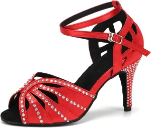 YKXLM Women Rhinestone Ballroom Dance Shoes Latin Performance Dance Shoes Women Suede Sole,L162,3 1/3 inches Heel,Red,8 US