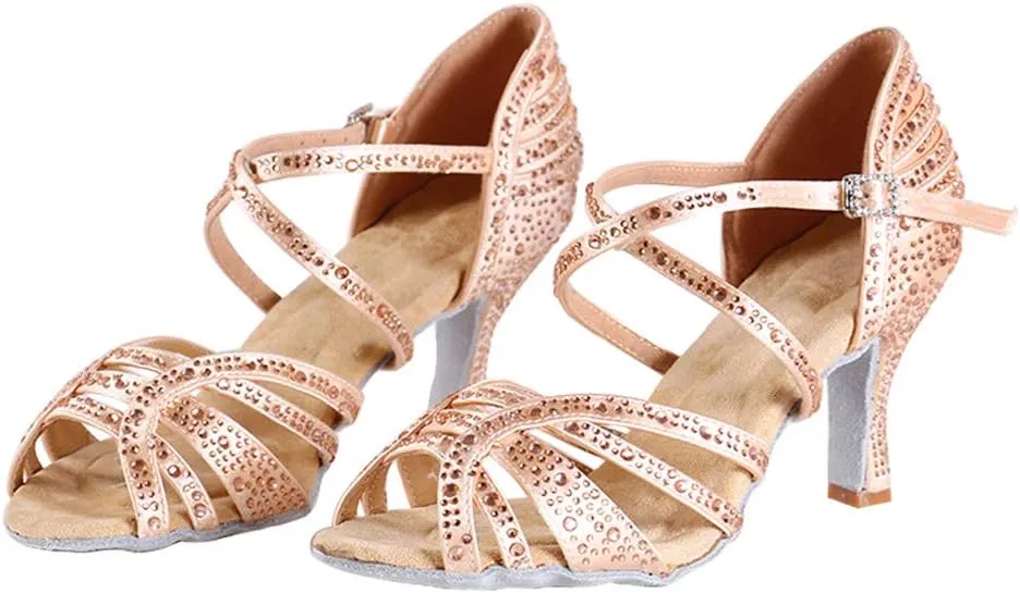 YKXLM Women's Ballroom Latin Dance Shoes with Rhinestone Salsa Performance Wedding Dance Shoes,L356