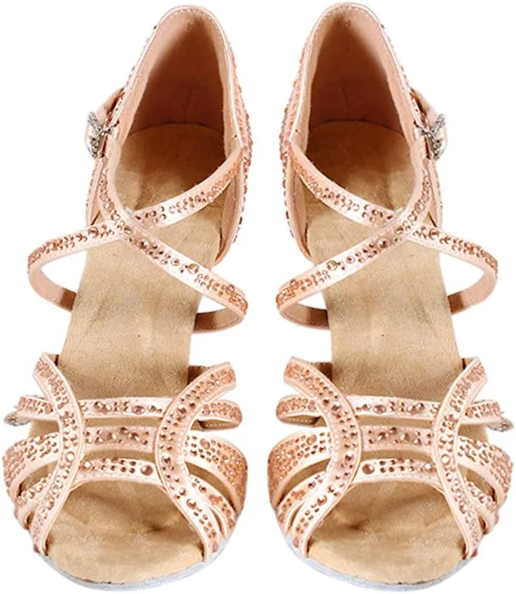 YKXLM Women's Ballroom Latin Dance Shoes with Rhinestone Salsa Performance Wedding Dance Shoes,L356
