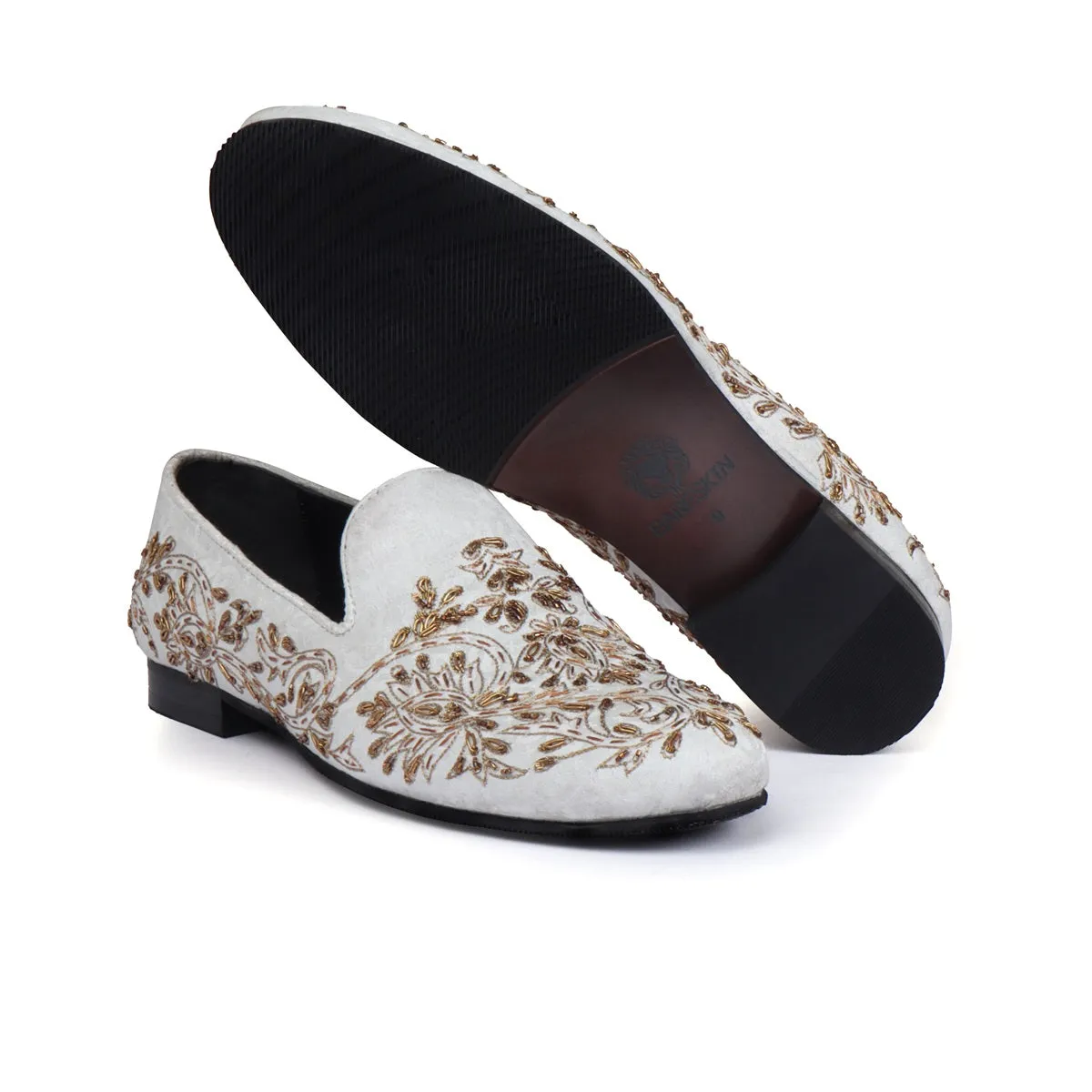 Zardosi Embroidery Slip-On Shoes in Ethnic White Fabric with Golden Crystals Petal Design
