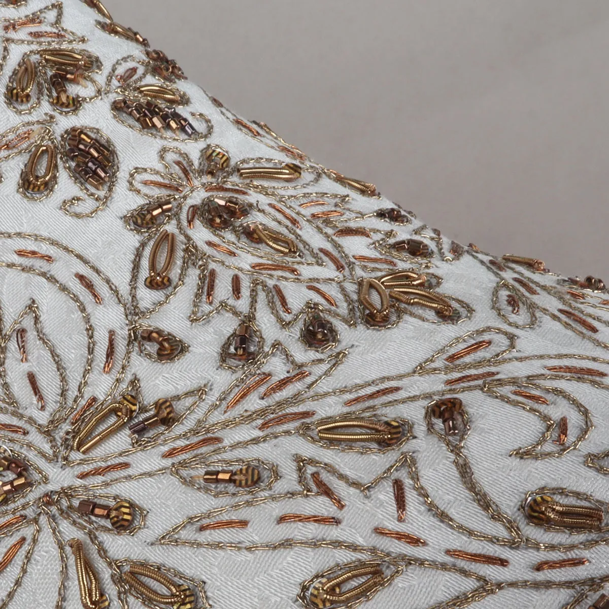 Zardosi Embroidery Slip-On Shoes in Ethnic White Fabric with Golden Crystals Petal Design