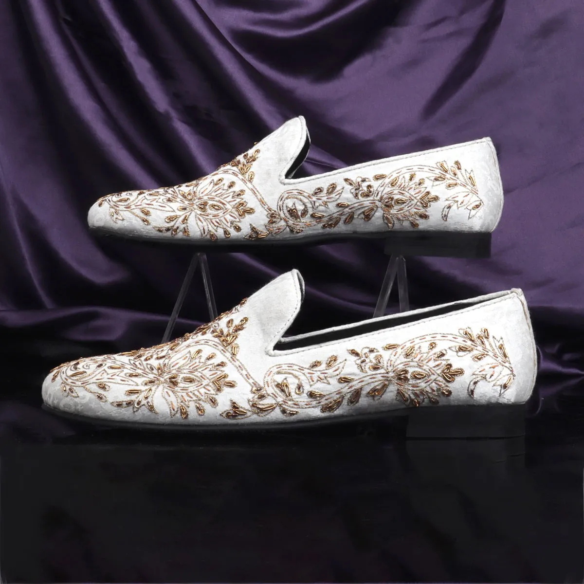 Zardosi Embroidery Slip-On Shoes in Ethnic White Fabric with Golden Crystals Petal Design