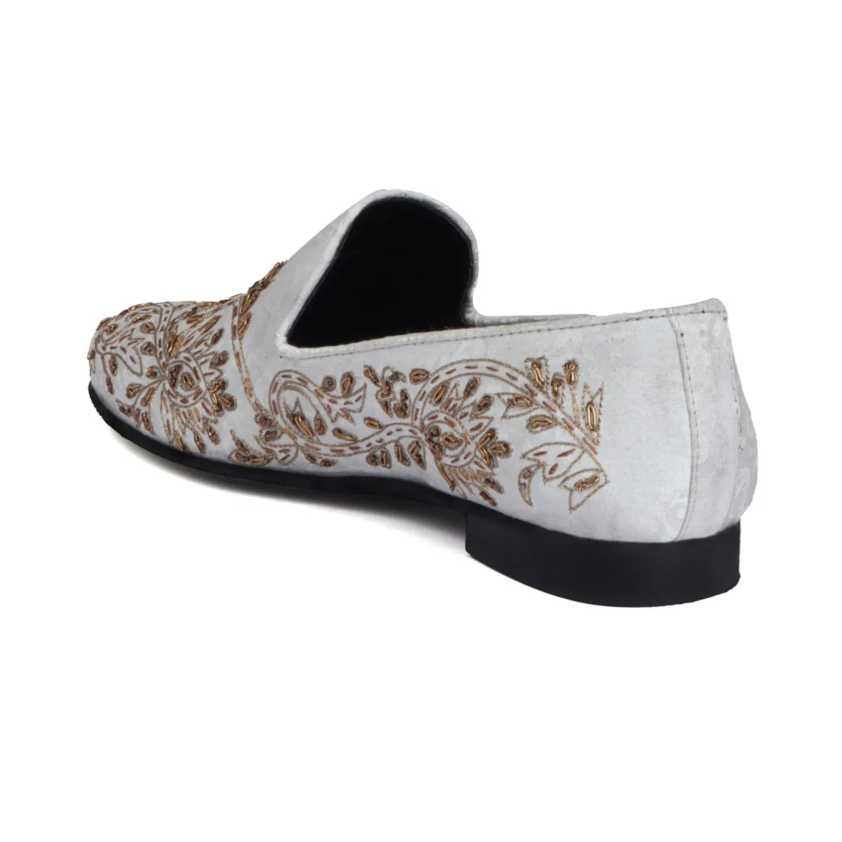 Zardosi Embroidery Slip-On Shoes in Ethnic White Fabric with Golden Crystals Petal Design