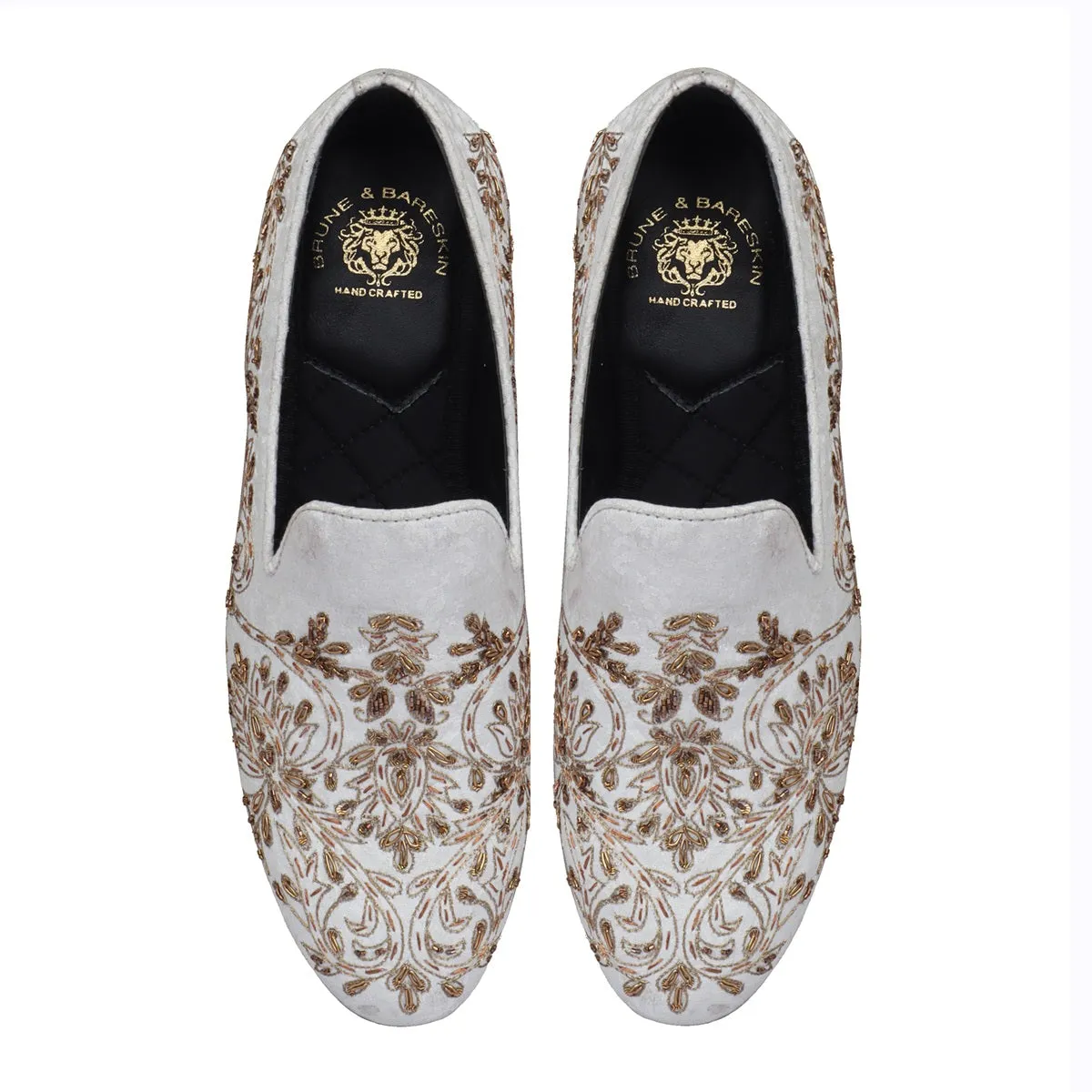 Zardosi Embroidery Slip-On Shoes in Ethnic White Fabric with Golden Crystals Petal Design