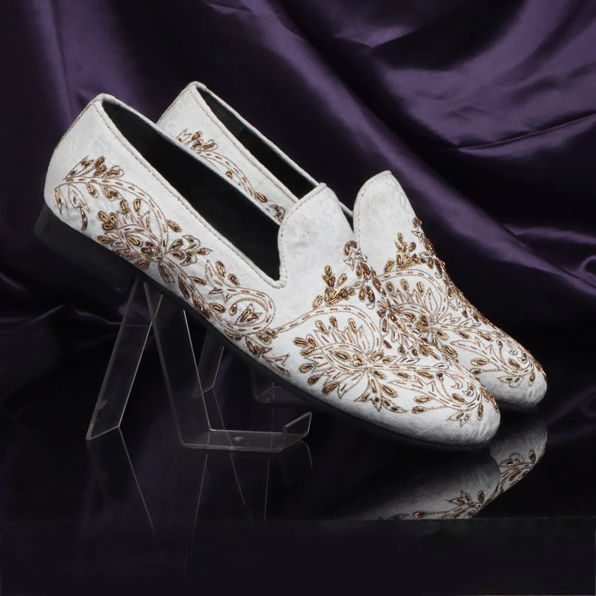 Zardosi Embroidery Slip-On Shoes in Ethnic White Fabric with Golden Crystals Petal Design