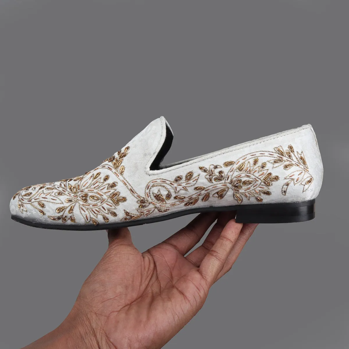 Zardosi Embroidery Slip-On Shoes in Ethnic White Fabric with Golden Crystals Petal Design