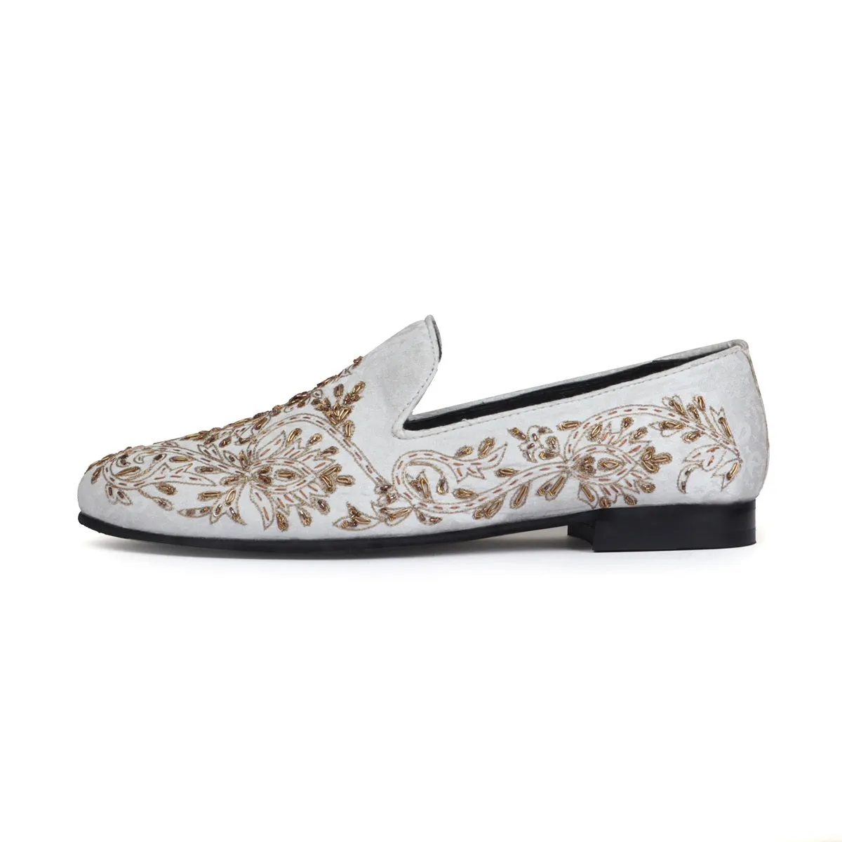 Zardosi Embroidery Slip-On Shoes in Ethnic White Fabric with Golden Crystals Petal Design